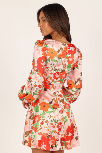 Tanaya Puff Sleeve Skater Skirt Mini Dress - Orange Floral