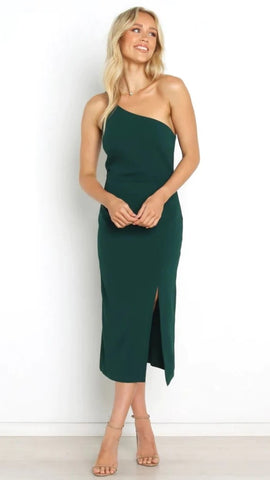 Green One Shoulder Midi Dress