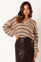Bexley Collared Striped Knit Sweater - Mocha Brown