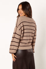 Bexley Collared Striped Knit Sweater - Mocha Brown