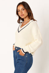 Dominique Contrast Vneck Knit Sweater - Ivory/Navy