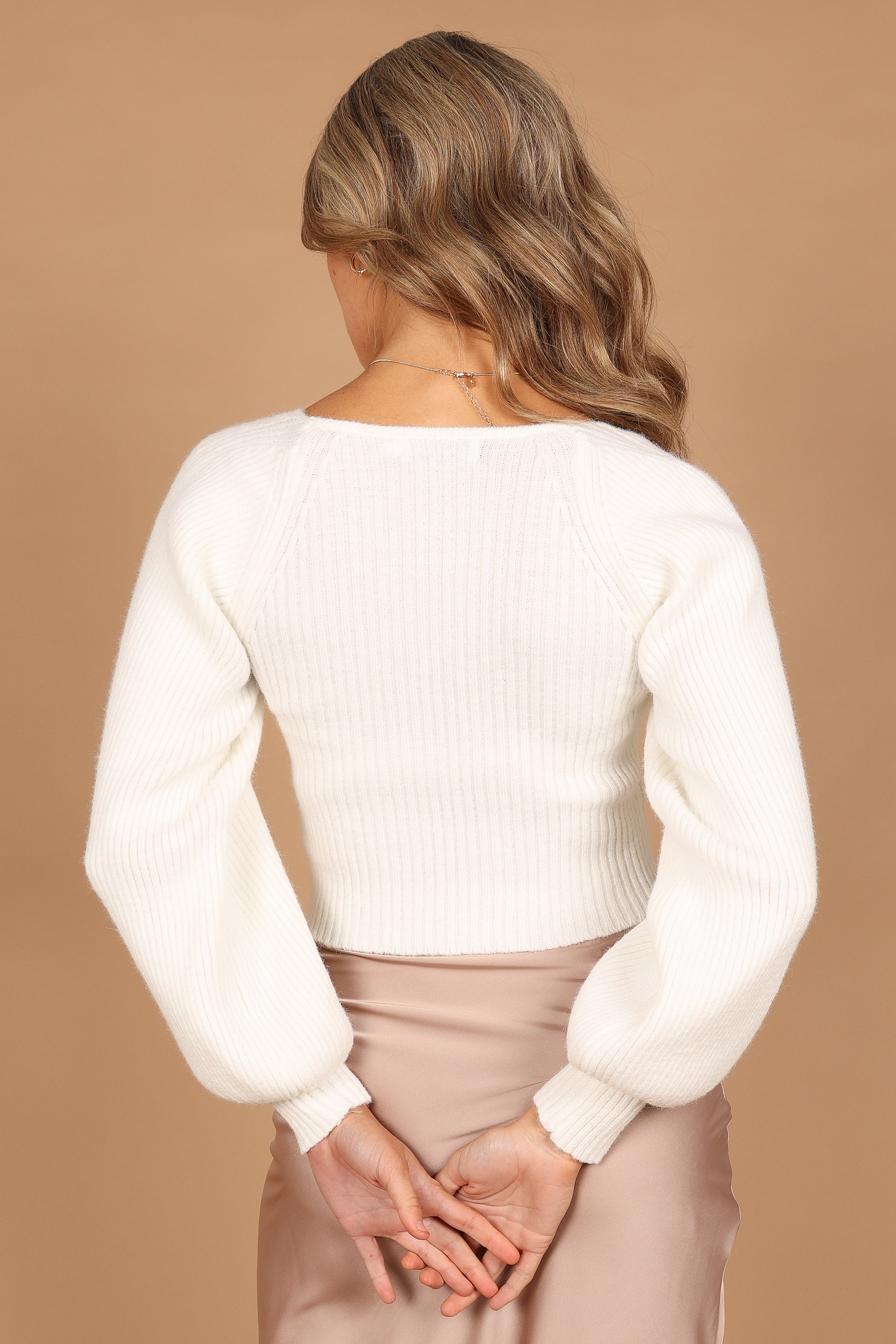 Gia Sweetheart Neck Bell Sleeve Knit Sweater - White
