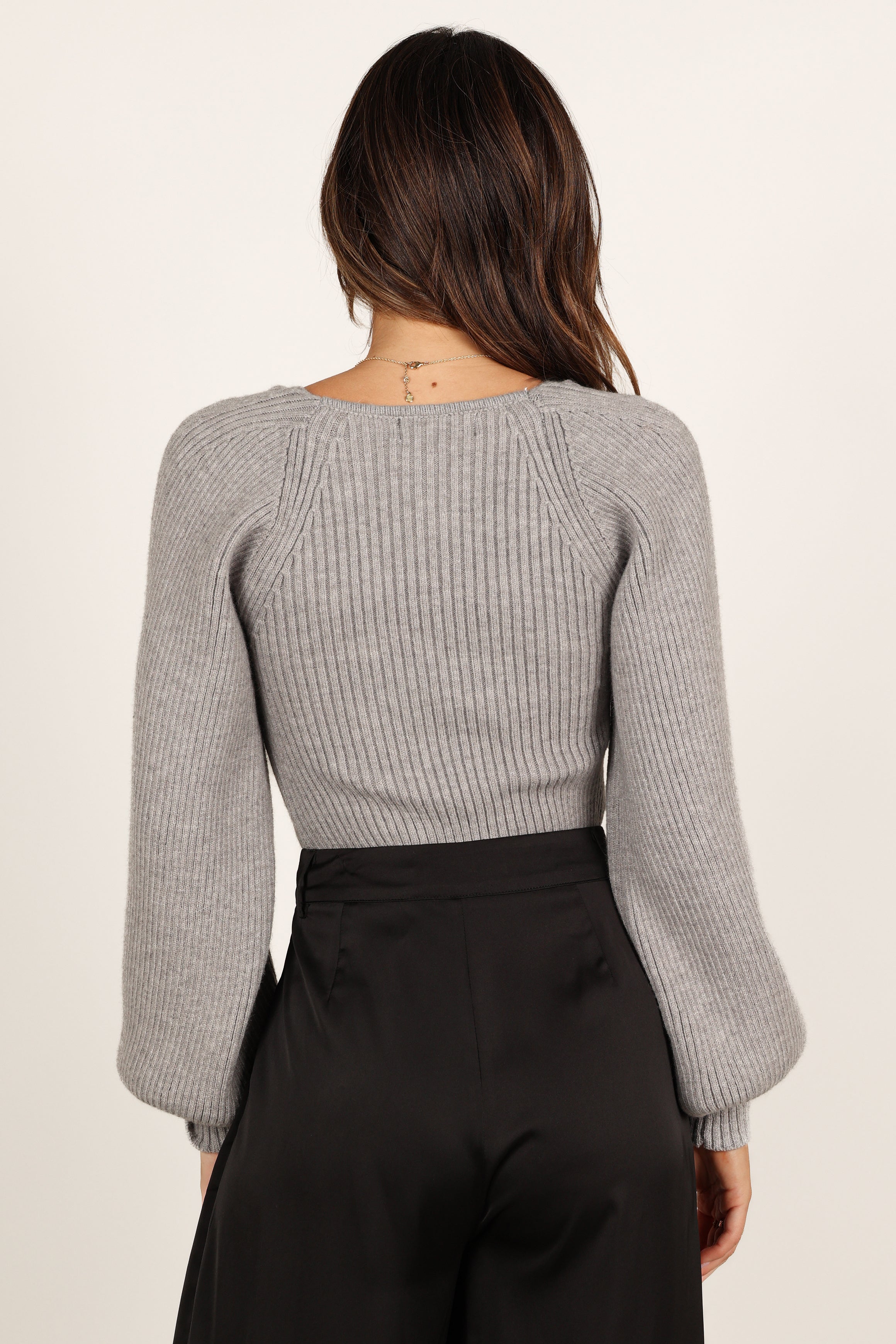 Gia Sweetheart Neck Bell Sleeve Knit Sweater - Light Grey