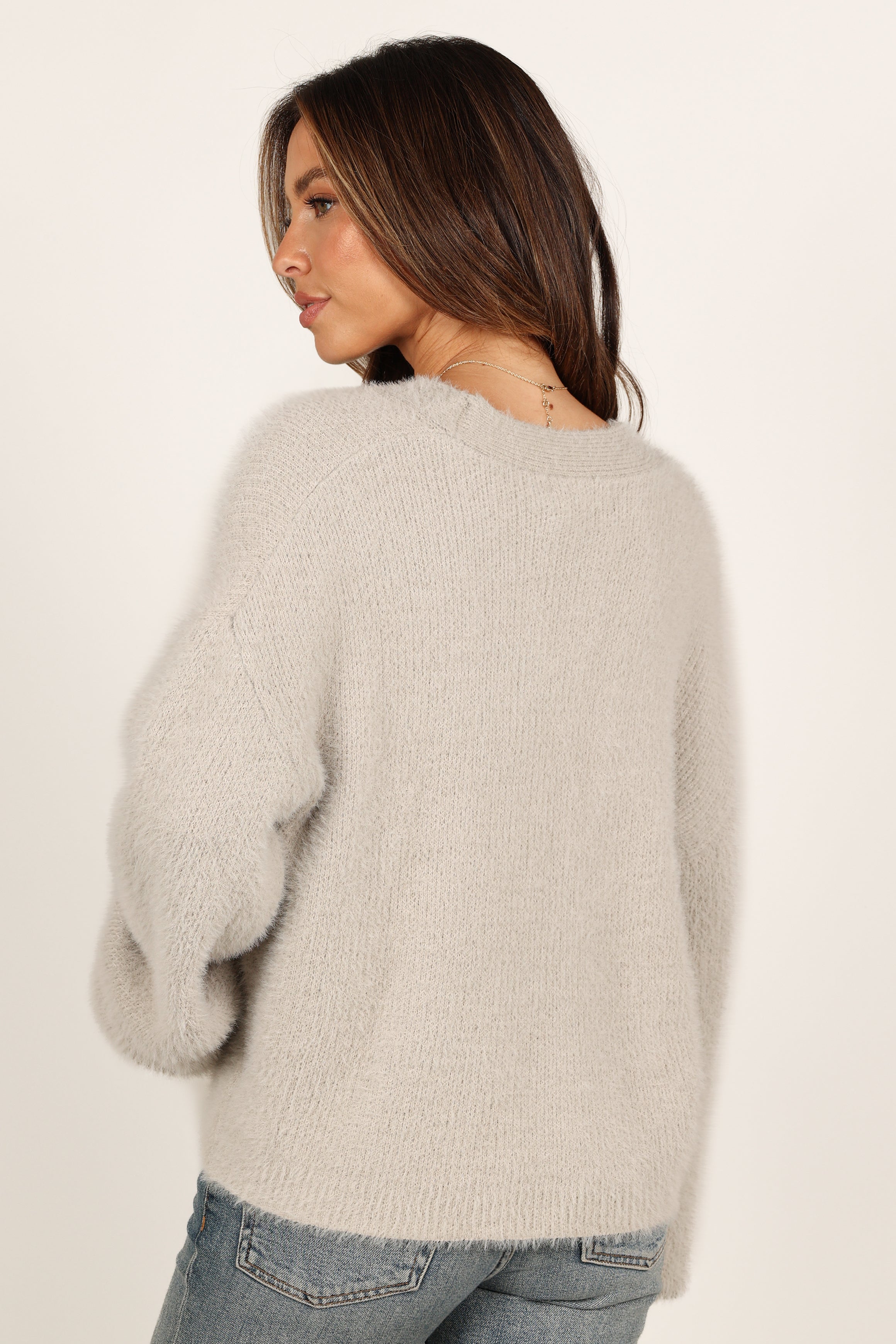 Willow Fuzzy Large Button Cardigan - Light Grey