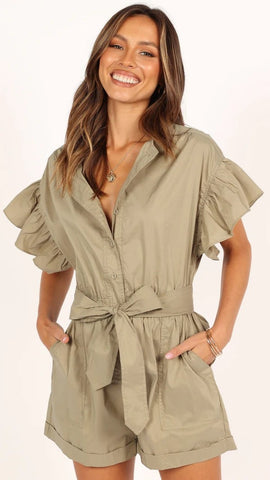 Olive Green Waist Tie Romper