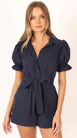 Navy Waist Tie Romper