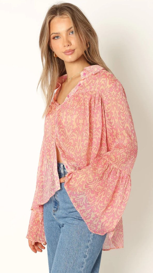 Coral Pink Floral Button Down Shirt