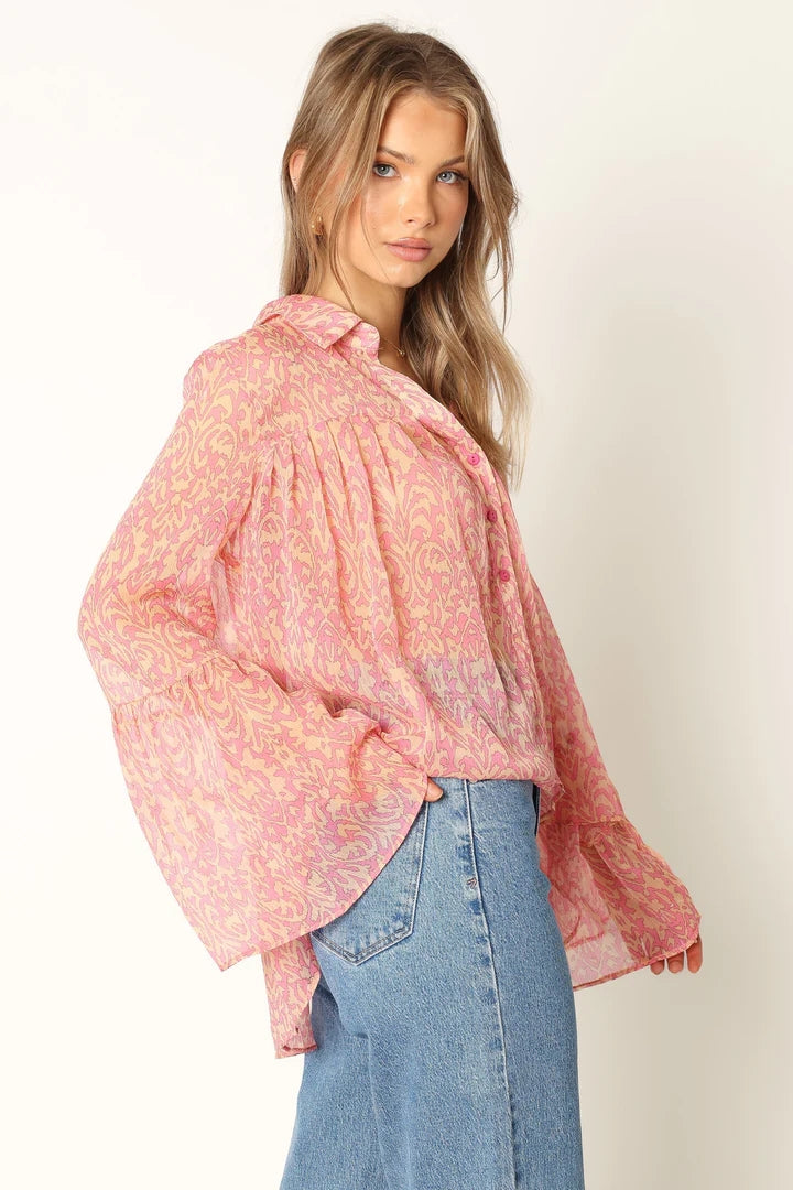 Coral Pink Floral Button Down Shirt