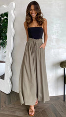 Olive Green Solid Wide-Leg Casual Pants