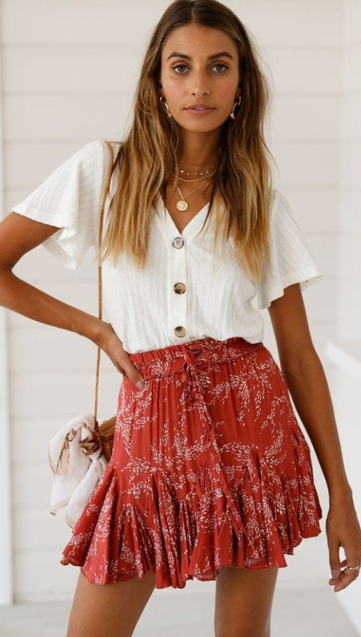 Red Floral Withdraw Flounced Mini Skirt