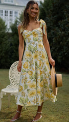 Yellow Floral Shoulder Tie Midi Dress