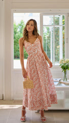 Peach Floral Silhouette Print Midi Dress