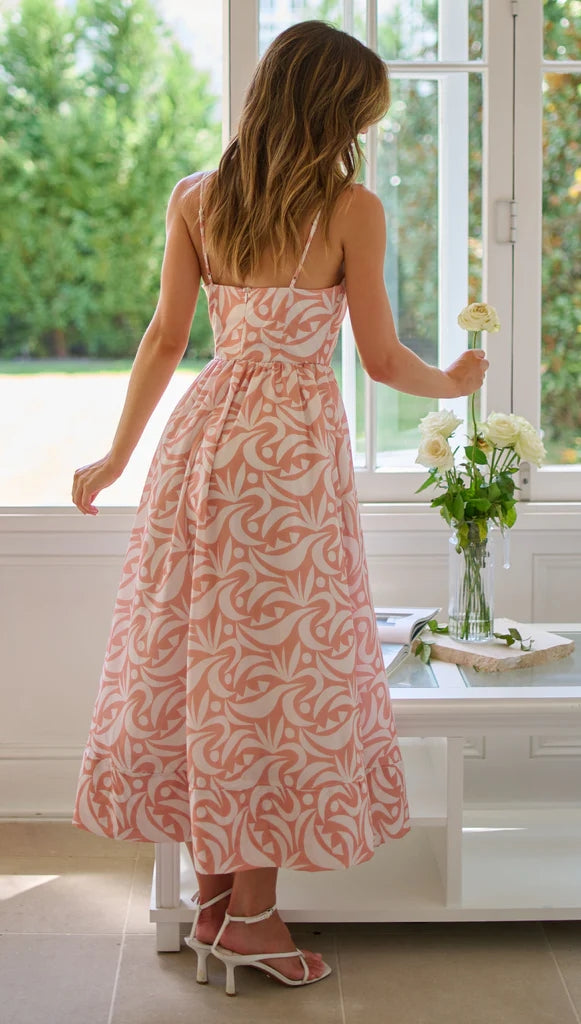 Peach Floral Silhouette Print Midi Dress