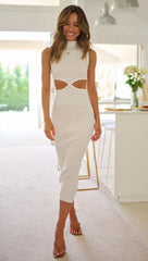 White Cutout Waist Knit Midi Dress