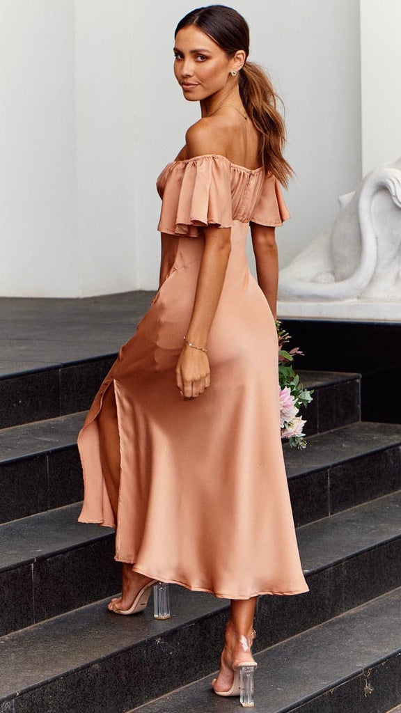 Gabi Peach Pink Off Shoulder Midi Dress L