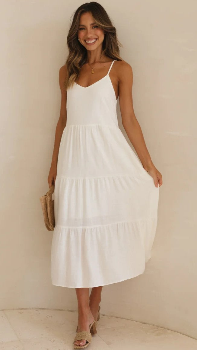 White Slip Tiered Midi Dress