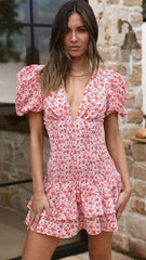 Pink Floral Puff Sleeves Mini Dress