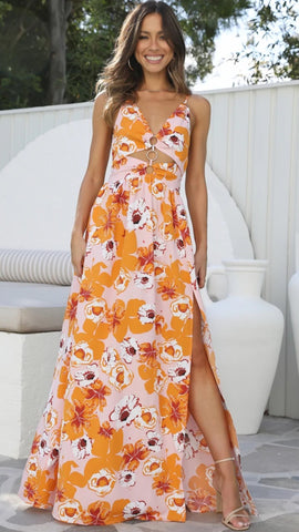 Orange Floral High Slit Maxi Dress