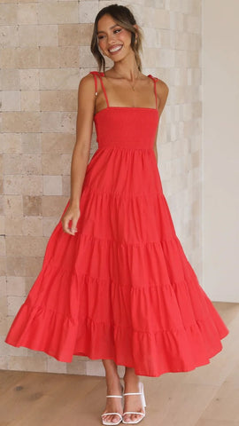 Red Shoulder Tie Tiered Midi Dress