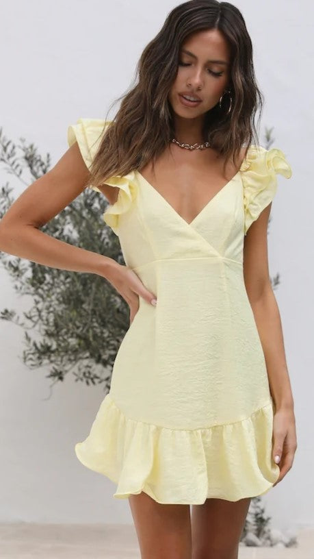 Light Yellow Surplice Mini Dress – Gabi Swimwear Light Yellow Surplice Mini Dress – Gabi Swimwear