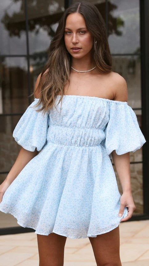 Blue Floral Off Shoulder Mini Dress Gabi Swimwear Blue Floral Off Shoulder Mini Dress Gabi Swimwear