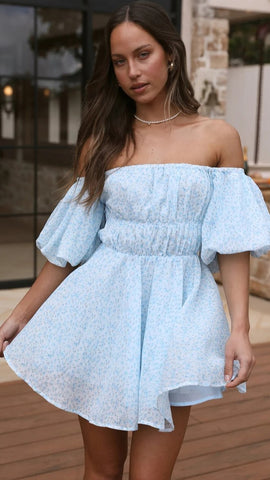 Blue Floral Off Shoulder Mini Dress