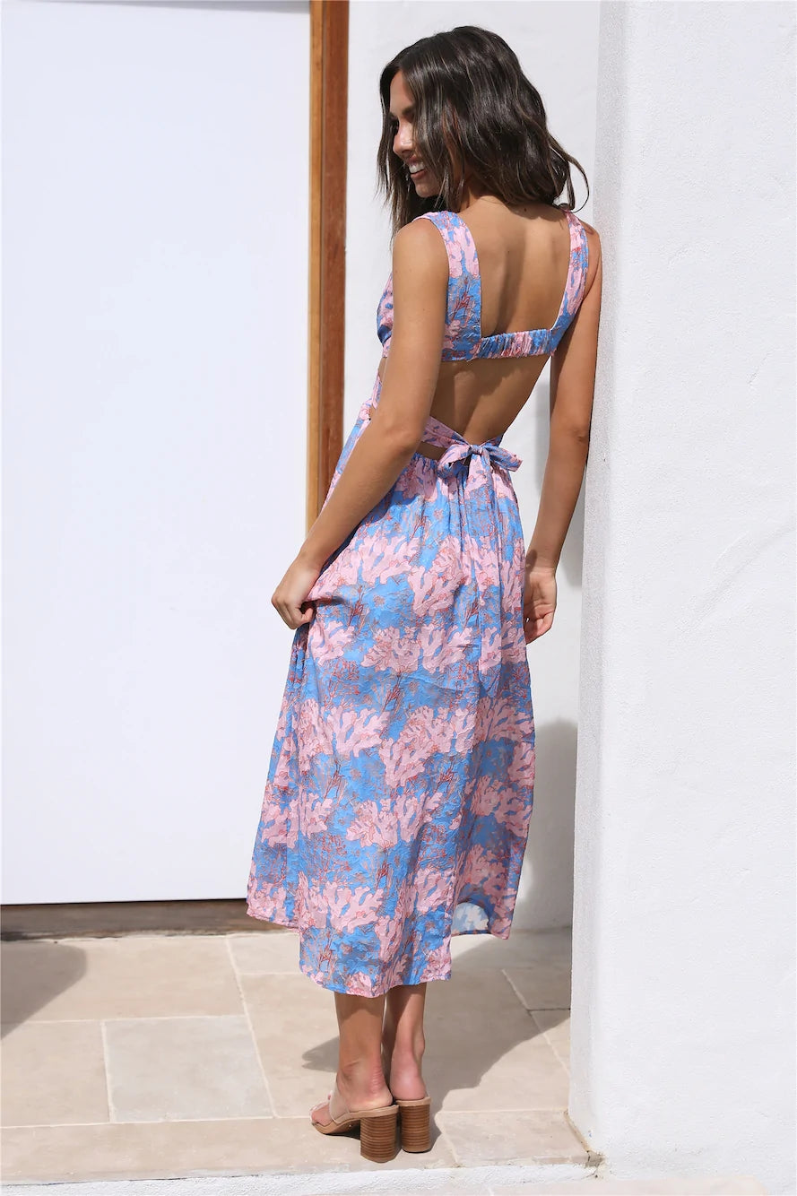 Blue Pink Floral Midi Dress