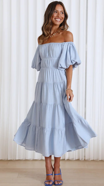 Light Blue Off Shoulder Midi Dress – Gabi Swimwear