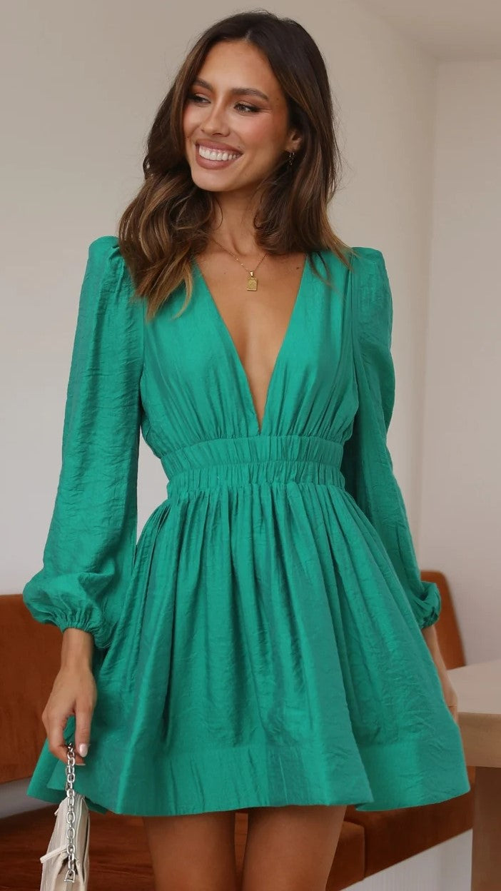 Green Deep V Neck Mini Dress