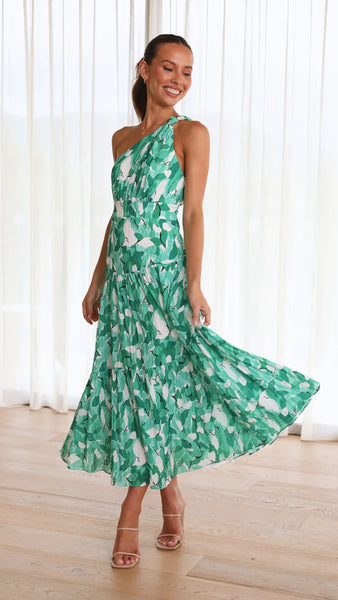 Green Foliage Print Midi Dress