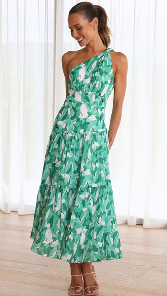 Green Foliage Print Midi Dress