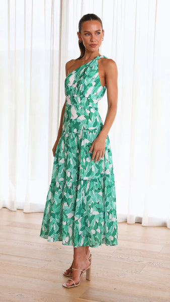 Green Foliage Print Midi Dress