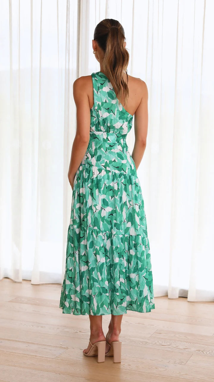 Green Foliage Print Midi Dress