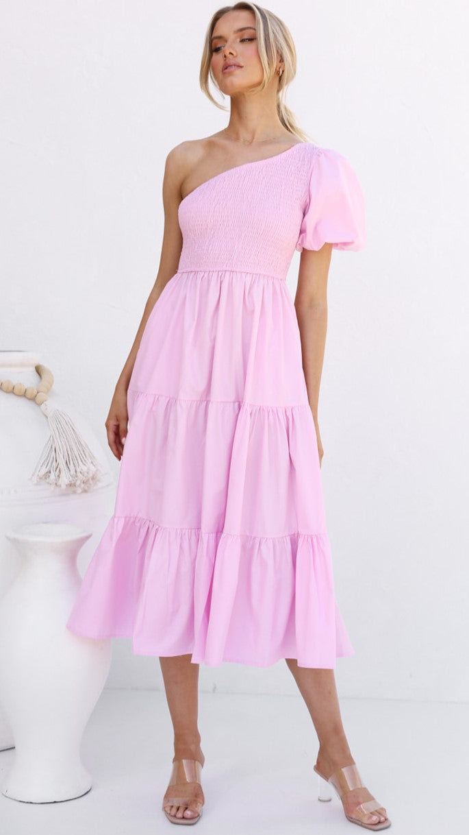 Pink One Shoulder Midi Dress