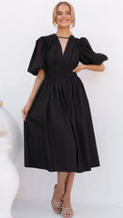 Black Short Sleeves Midi Dress