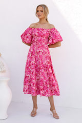 Hot Pink Flora Off Shoulder Midi Dress