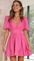 Hot Pink Plunging V Neck Mini Dress