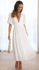 White Deep V Neckline Tiered Midi Dress
