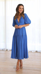 Blue Deep V Neckline Tiered Midi Dress