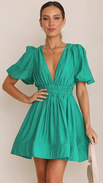 Green Plunging V Neck Mini Dress