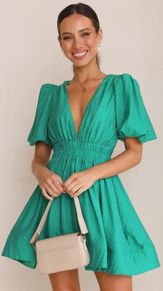 Green Plunging V Neck Mini Dress