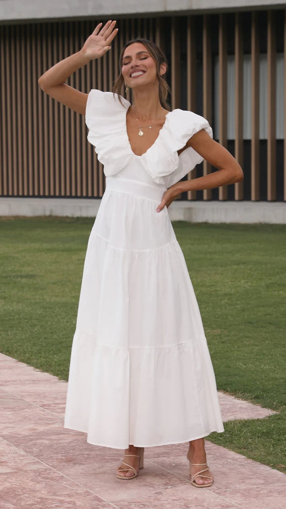 White Flare Cap Sleeves Midi Dress Gabi Swimwear White Flare Cap Sleeves Midi Dress Gabi Swimwear