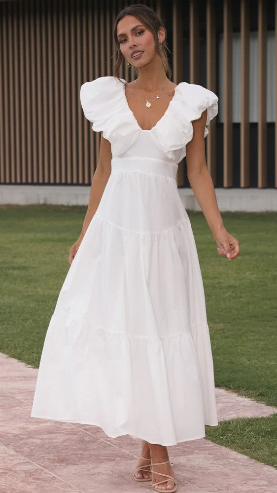 White Flare Cap Sleeves Midi Dress Gabi Swimwear White Flare Cap Sleeves Midi Dress Gabi Swimwear