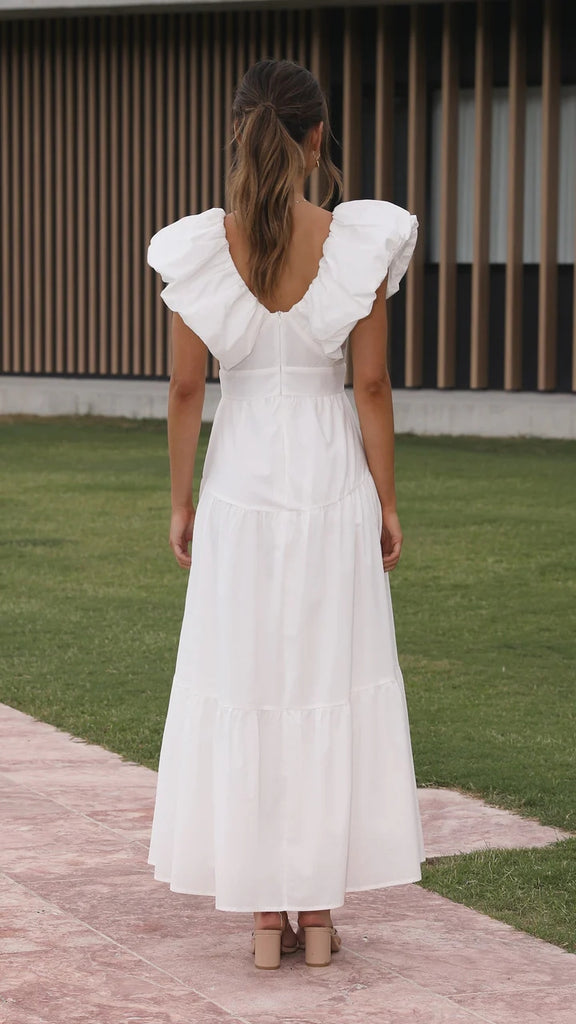 White Flare Cap Sleeves Midi Dress Gabi Swimwear White Flare Cap Sleeves Midi Dress Gabi Swimwear