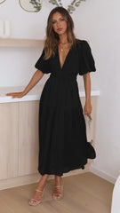 Black Deep V Neckline Tiered Midi Dress