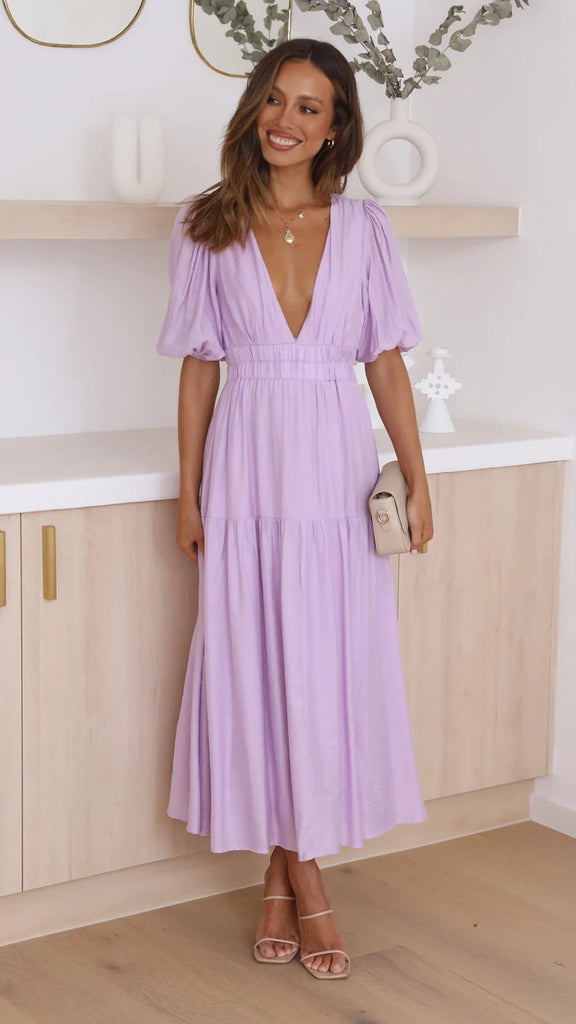Purple Deep V Neckline Tiered Midi Dress Gabi Swimwear Purple Deep V Neckline Tiered Midi Dress Gabi Swimwear