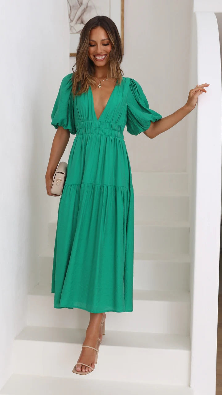 Emerald Deep V Neckline Tiered Midi Dress