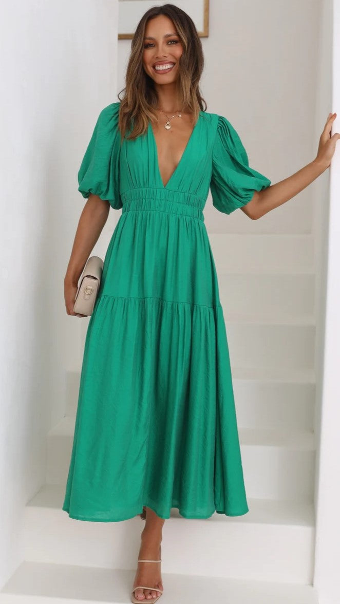 Emerald Deep V Neckline Tiered Midi Dress