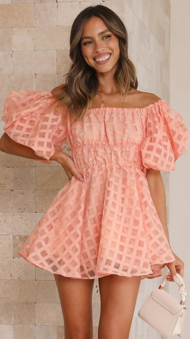 Coral Pink Textured Off Shoulder Dress