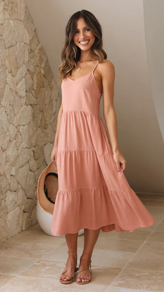 Blush Pink Slip Tiered Midi Dress